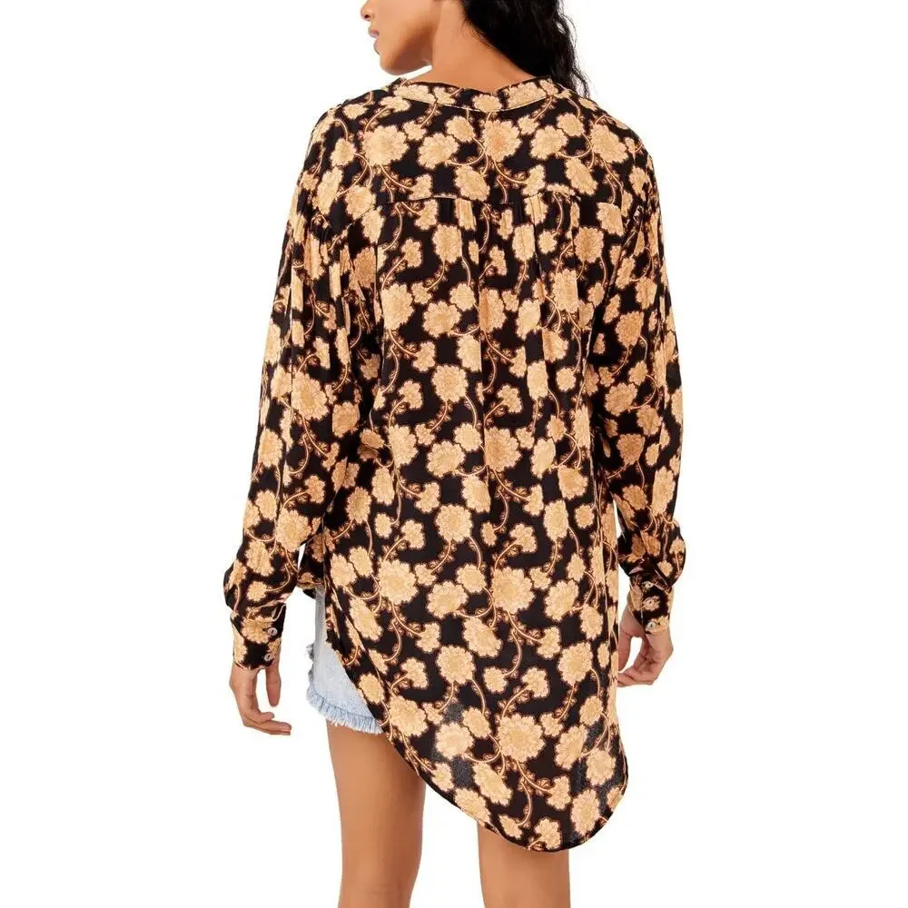 Free People Mia Tunic Floral Blouse Black Brown Size XS V-Neck Flow Boho Cottage